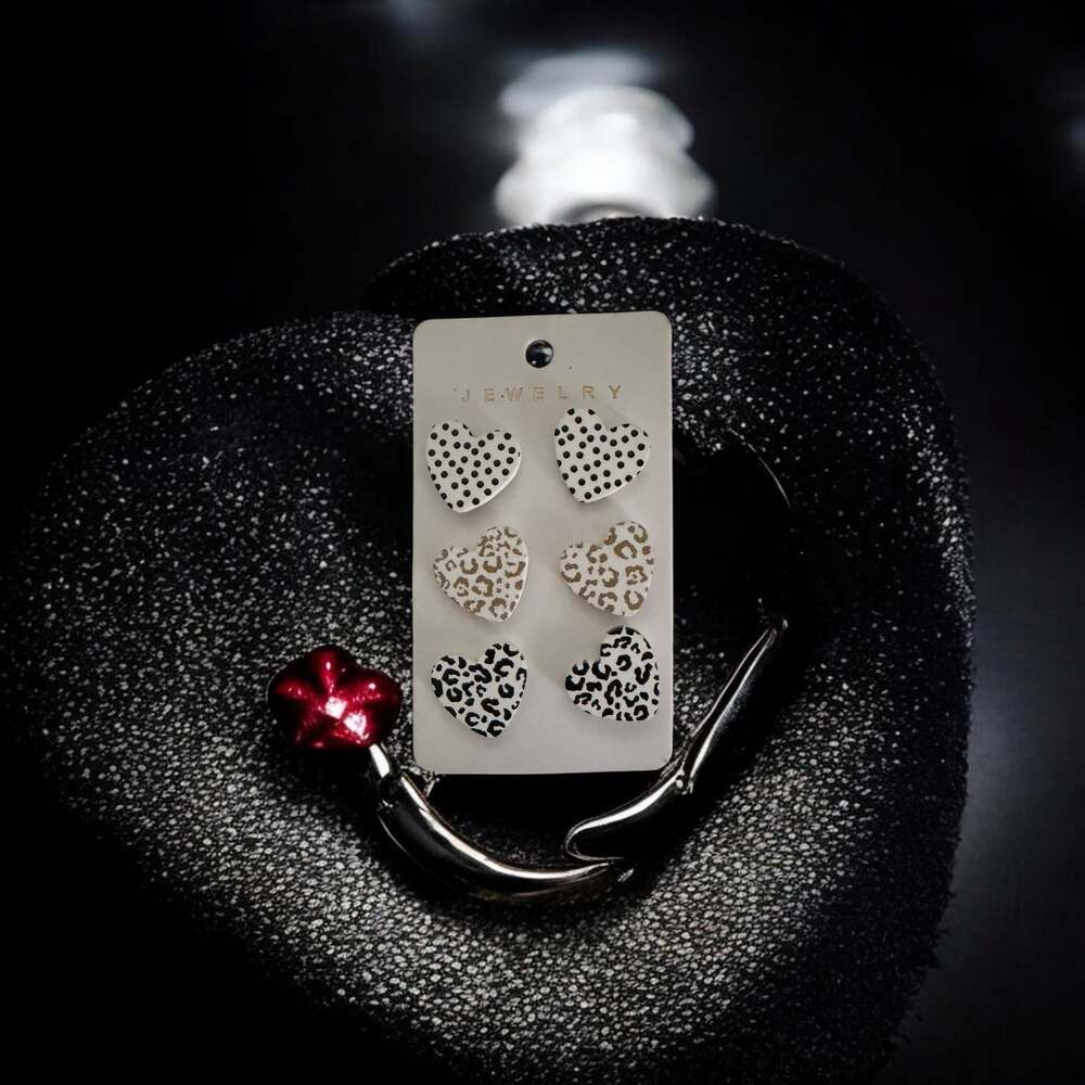 Heart Shaped Patterned Acrylic Stud Earring Set - 3 Pairs Leopard and Polka Dot